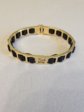 Fendi Gold Tone Black Leather FF Logo Hinged Bangle Bracelet w/ Box